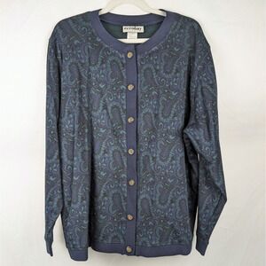 Vtg 90s Paisley Button Cardigan Sweater XL Navy Blue Green Grandma Cottagecore